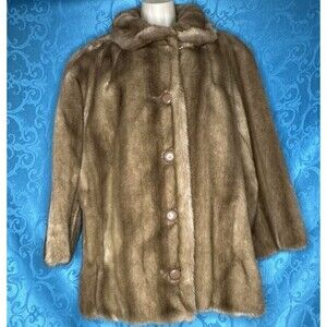 Vintage Style VI Ltd 80s Tan Beige Short Faux Fur Coat Jacket Pockets Women's L